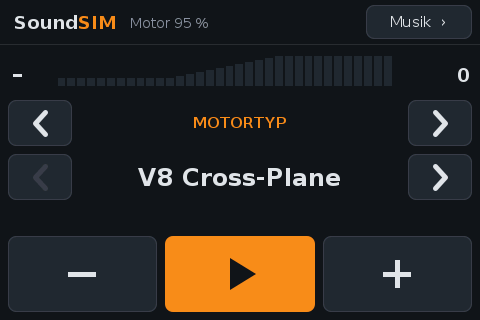 Display: Motor mit Drehzahlleiste, Schnellmenü und Tasten für die Motorlautstärke