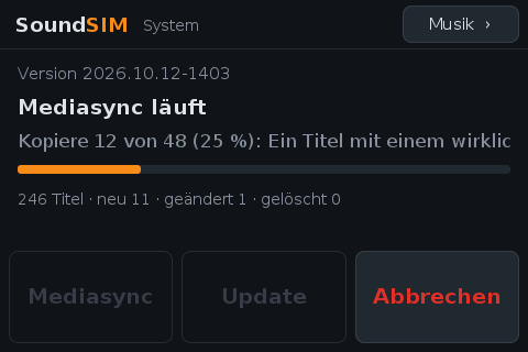Display: System mit Fortschritt des Mediasync und Tasten Mediasync, Update, Abbrechen