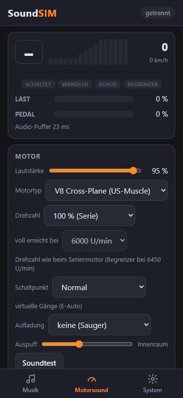 Motorsound: Drehzahlbalken und Motoreinstellungen