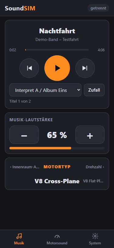 Musik: Titel, Wiedergabetasten, Ordnerauswahl, große Lautstärketasten und Motor-Schnellmenü